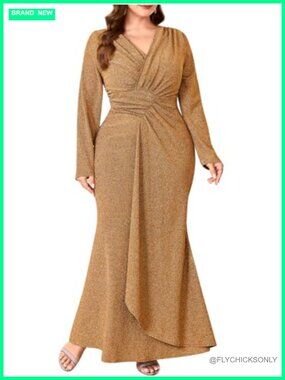 Plus Size Sparkly Formal Dress Ruched Mermaid Long Sleeve Evening Gown